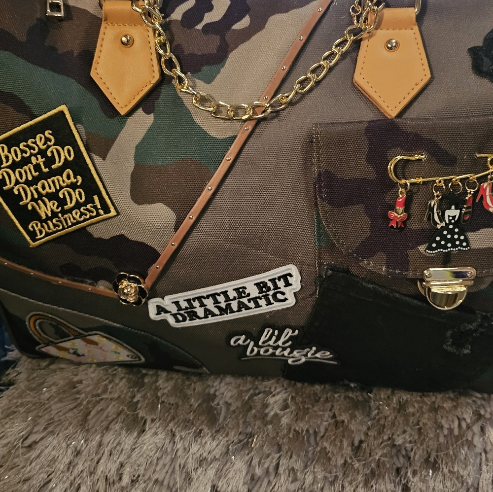 Camouflage Patchwork Tote with Tan Trim and Gold Chain